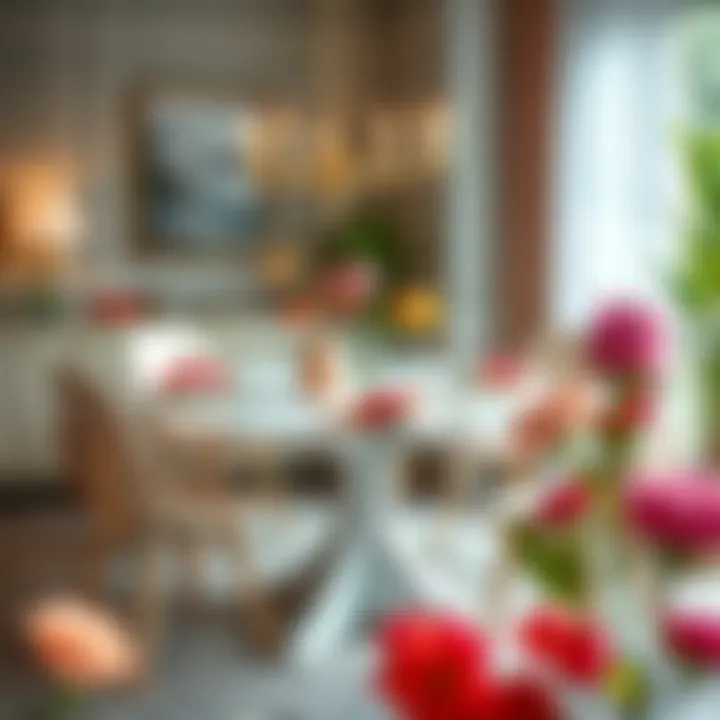 Vibrant Floral Dining Table Decor A stylish dining table adorned with vibrant artificial flowers, enhancing the decor.
