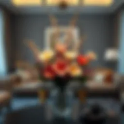 A beautifully arranged artificial flower centerpiece in a cozy living room setting.