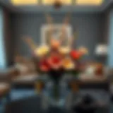 Elegant Artificial Flower Centerpiece A beautifully arranged artificial flower centerpiece in a cozy living room setting.