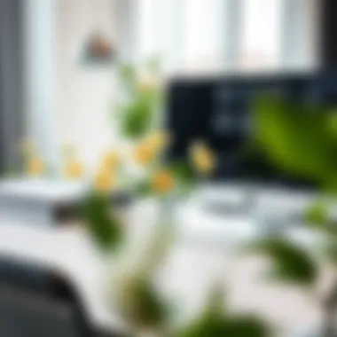 Fresh Touch in Modern Workspace A modern workspace featuring artificial flowers that add a touch of freshness.