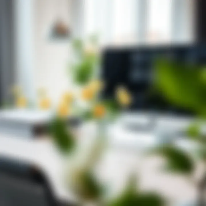 Fresh Touch in Modern Workspace A modern workspace featuring artificial flowers that add a touch of freshness.