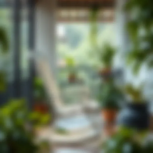 Elegant balcony rocking chair surrounded by greenery
