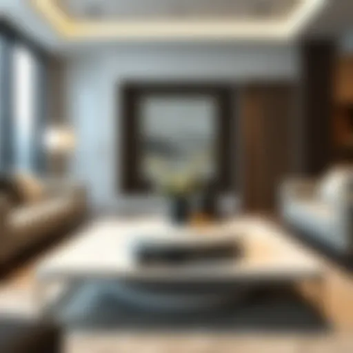 Elegant white marble patterned coffee table in a modern living room.