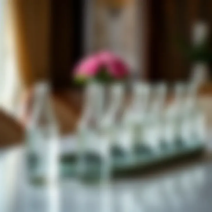 Serving Elegance: Glass Bottles on the Table Artfully arranged glass water bottles on a dining table