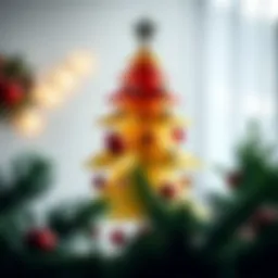 Colorful paper Christmas tree adorned with ornaments