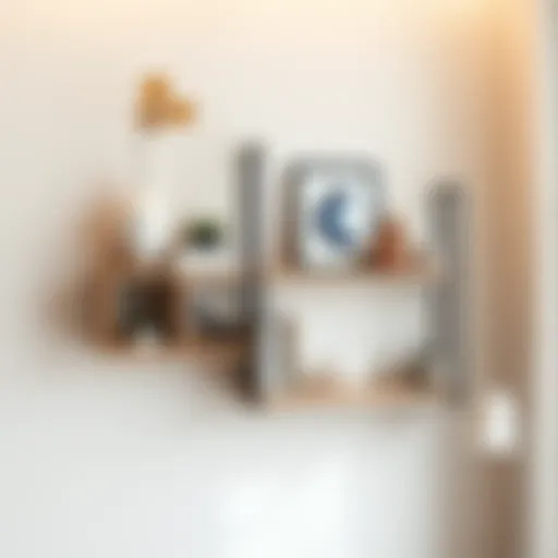 Stylish wooden wall shelf with decorative items