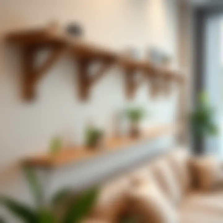 Elegant wooden wall shelf brackets in a modern interior