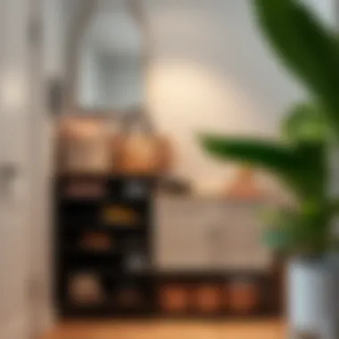 Functional Entryway Organization A functional entryway featuring a beautiful shoe cabinet and a stylish mirror, showcasing organization.