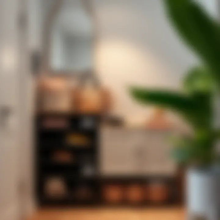 Functional Entryway Organization A functional entryway featuring a beautiful shoe cabinet and a stylish mirror, showcasing organization.