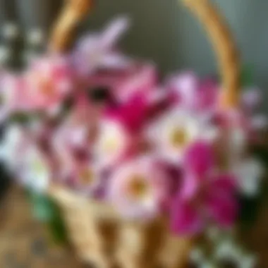A close-up of delicate flowers in a basket, exuding charm.