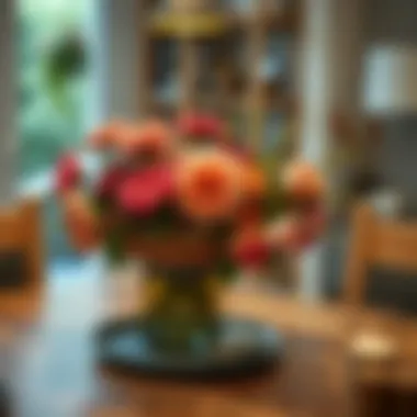 A beautifully arranged flower basket on a stylish dining table.