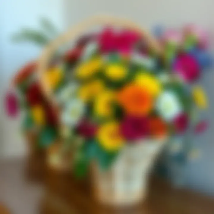 A vibrant bouquet showcasing various flowers in a decorative basket.
