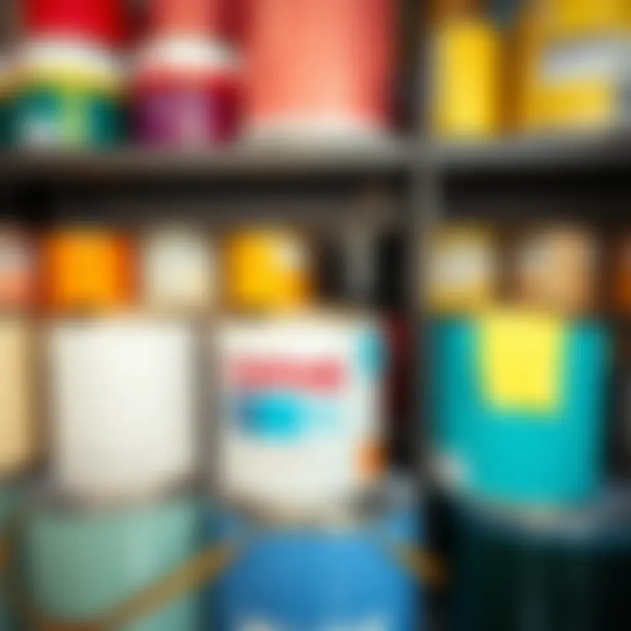A selection of paint cans in various colors for interior walls