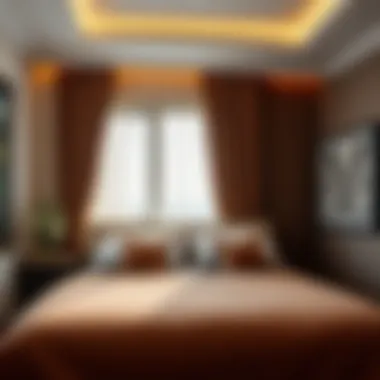 A serene bedroom featuring a brown bedspread in a harmonious color scheme