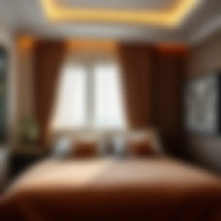 A serene bedroom featuring a brown bedspread in a harmonious color scheme