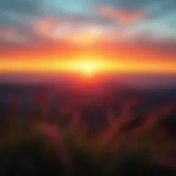 A serene landscape depicting rolling hills under a vibrant sunset