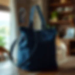 A stylish blue denim bag on a wooden table