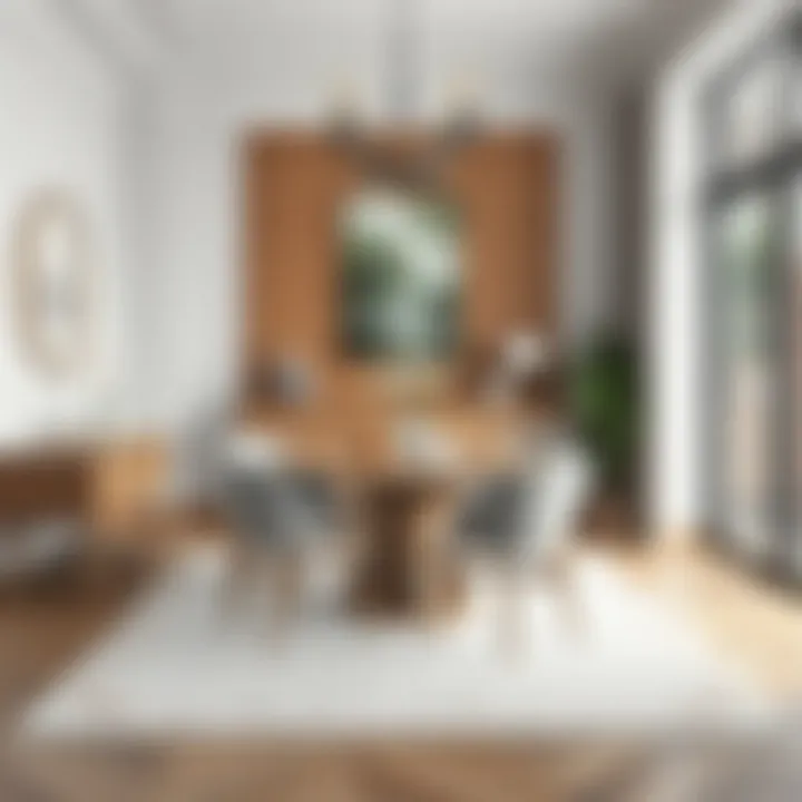 Elegantly Styled Dining Area with Modern Rug A chic dining area featuring a stylish rug that enhances the overall aesthetic