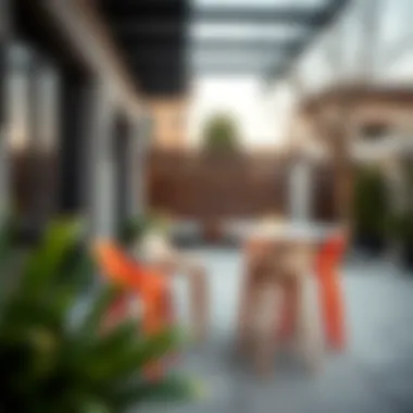 Contemporary Outdoor Patio with Bar Stools Plastic bar stools arranged in a contemporary outdoor patio