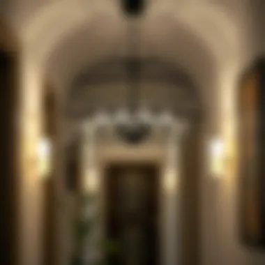 Chic Hallways with Stylish Lighting Stylish black metal chandelier hanging in a chic hallway