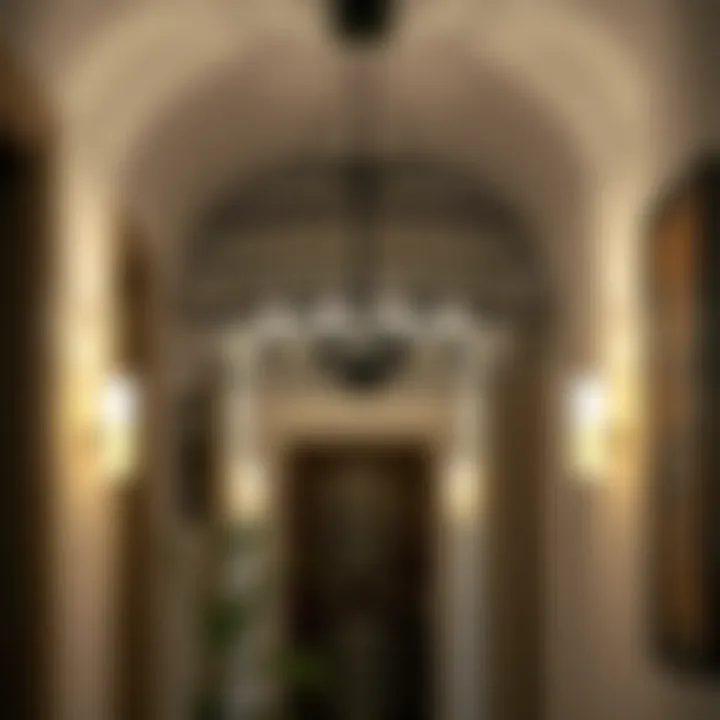 Chic Hallways with Stylish Lighting Stylish black metal chandelier hanging in a chic hallway