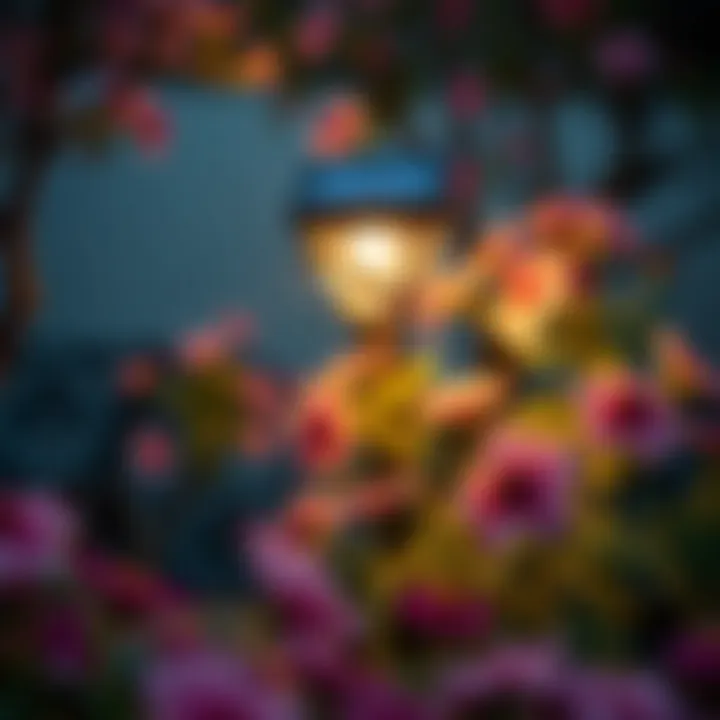 Solar garden lamp surrounded by blooming flowers