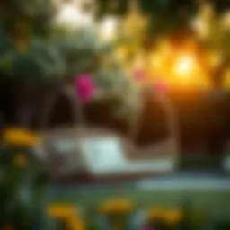 Elegant outdoor swing chair in a serene garden setting