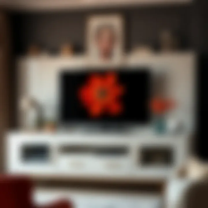 Chic TV Unit with Vibrant Decor Accents Chic TV unit adorned with vibrant decor items and artistic elements