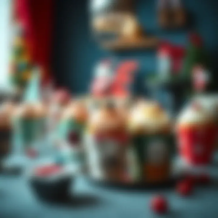Festive Table Setting with Cupcakes A vibrant party table decorated with cupcakes in themed paper cups
