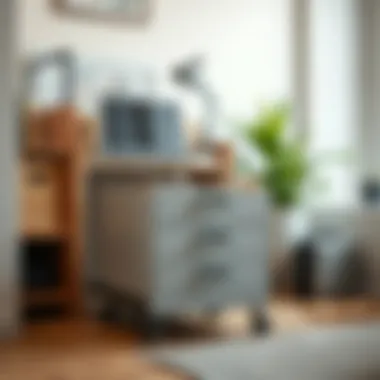 Organized Workspace with Wheeled Drawer Unit Functional workspace featuring a wheeled drawer unit for organization