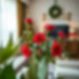 Elegant artificial Christmas flower arrangement in a stylish living room.