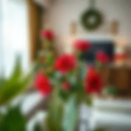 Elegant artificial Christmas flower arrangement in a stylish living room.