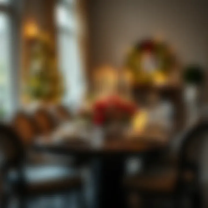 Stunning Dining Table with Artificial Christmas Floral Centerpiece Beautiful dining table decorated with artificial Christmas flowers and candles.